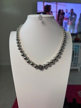 Sterling Silver Hematite Beaded Necklace with Pave Accent